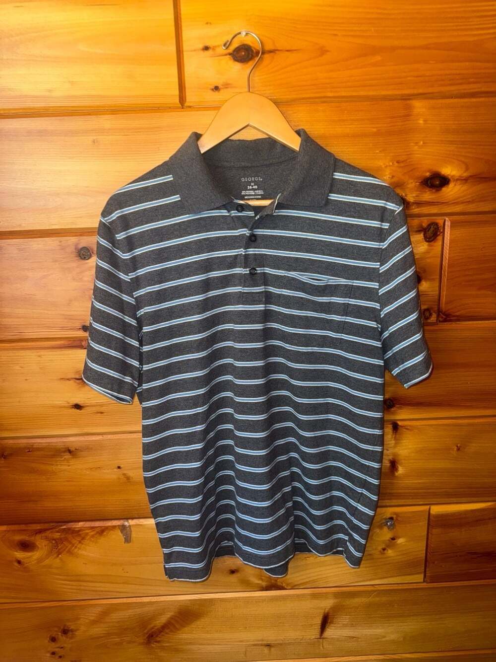 George Men's Short Sleeve Striped Pocket Polo Shirt Gray Blue - Picture 1 of 3